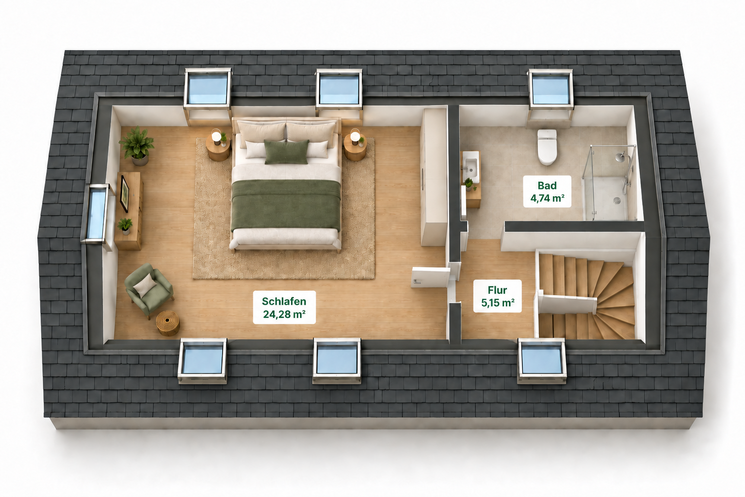 Dachgeschoss mit Schlafzimmer, Flur und zweitem Bad